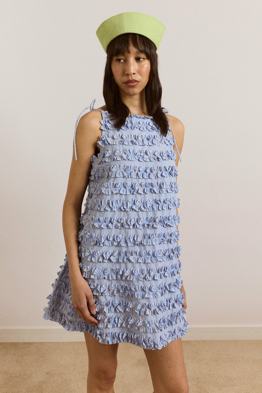 leili ruffle mini dress- mini blue stripe
