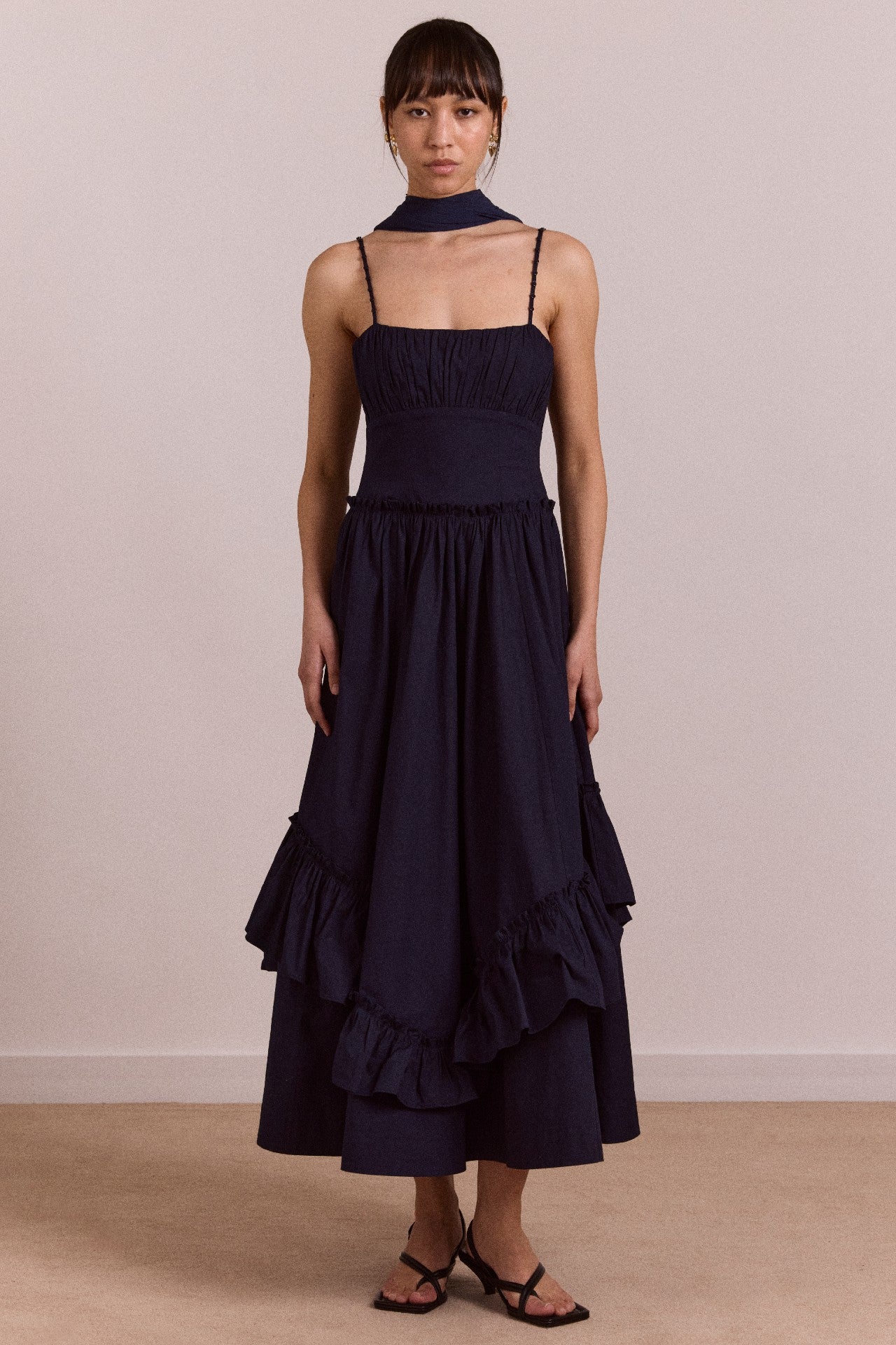 juno midi dress with sheer scarf- navy