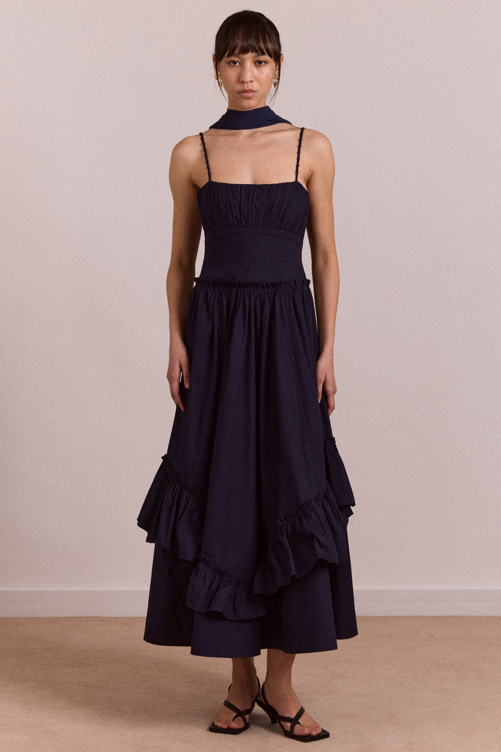 juno midi dress with sheer scarf- navy