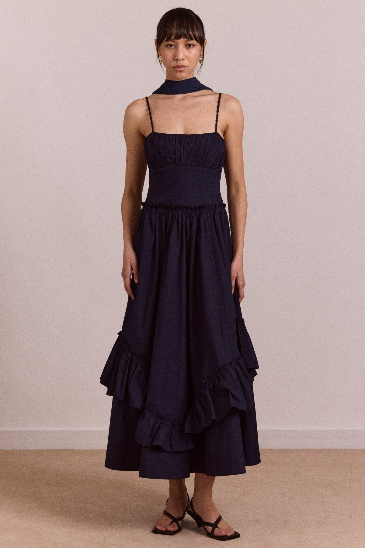 juno midi dress with sheer scarf- navy