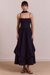 juno midi dress with sheer scarf- navy