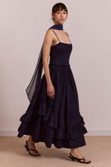 juno midi dress with sheer scarf- navy