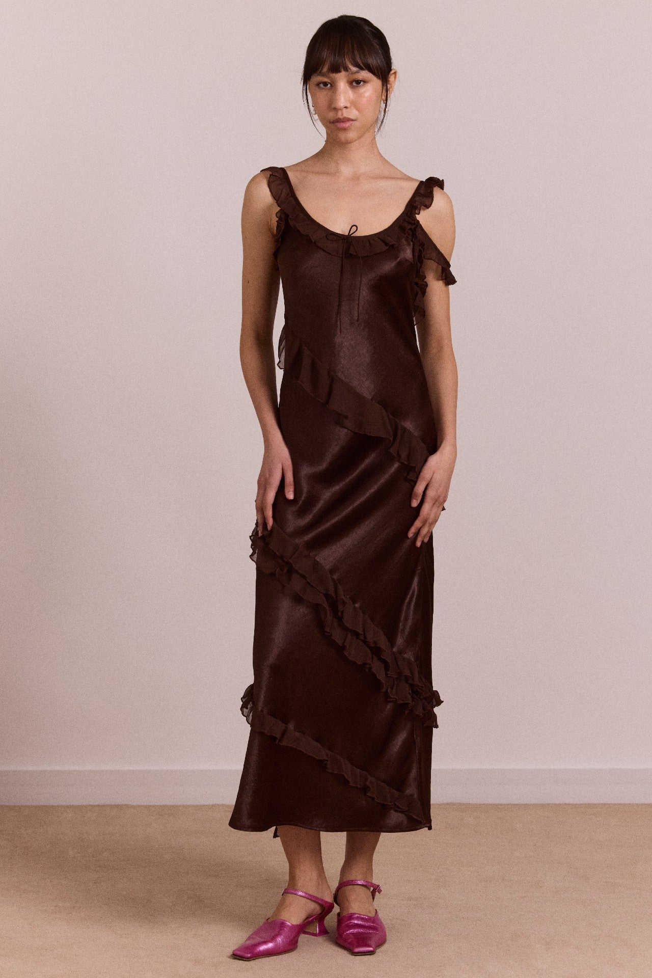 carmen midi ruffle dress with sheer top - choc