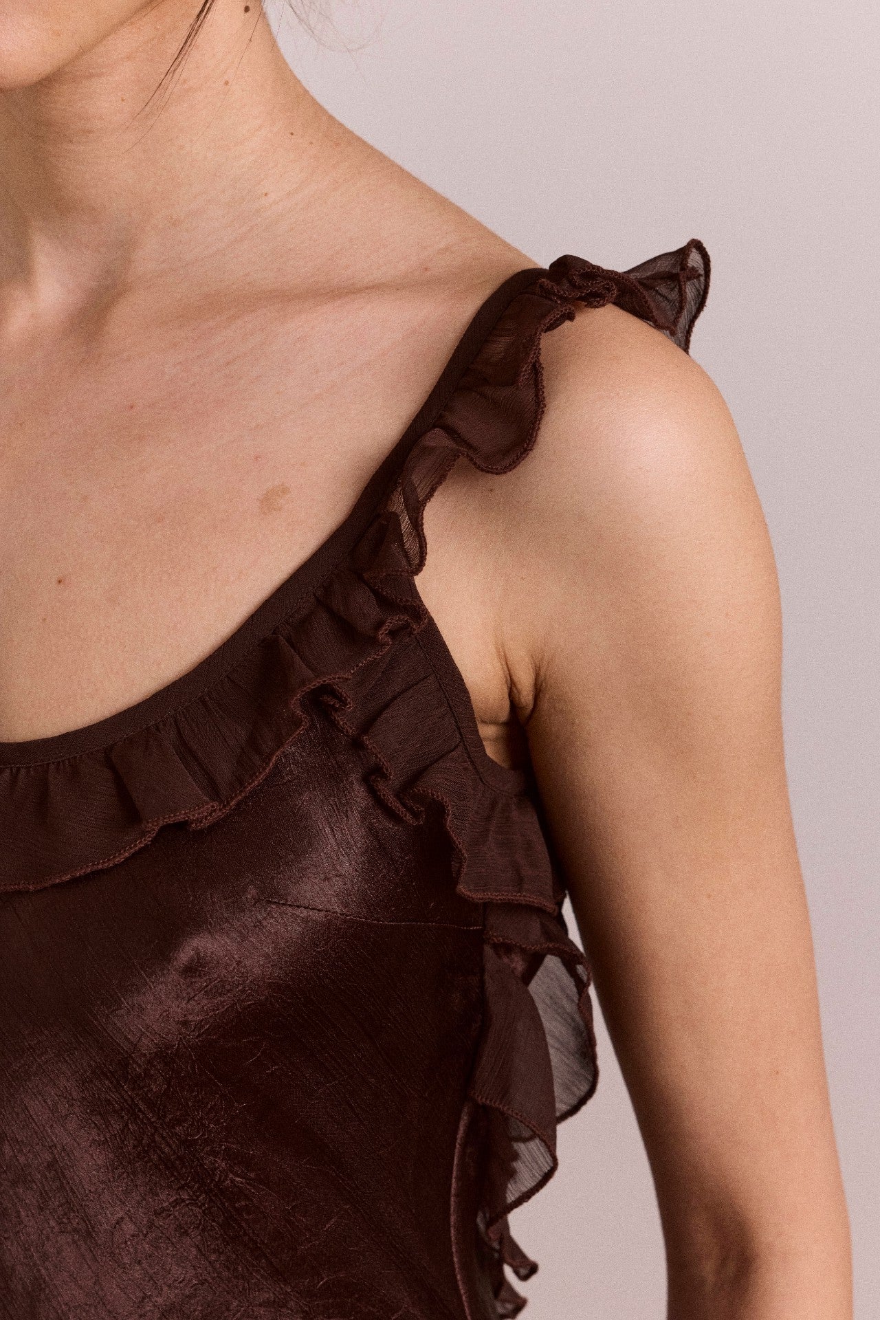 carmen midi ruffle dress with sheer top - choc