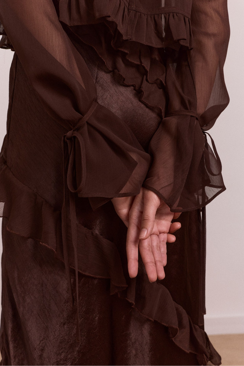 carmen midi ruffle dress with sheer top - choc