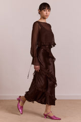 carmen midi ruffle dress with sheer top - choc