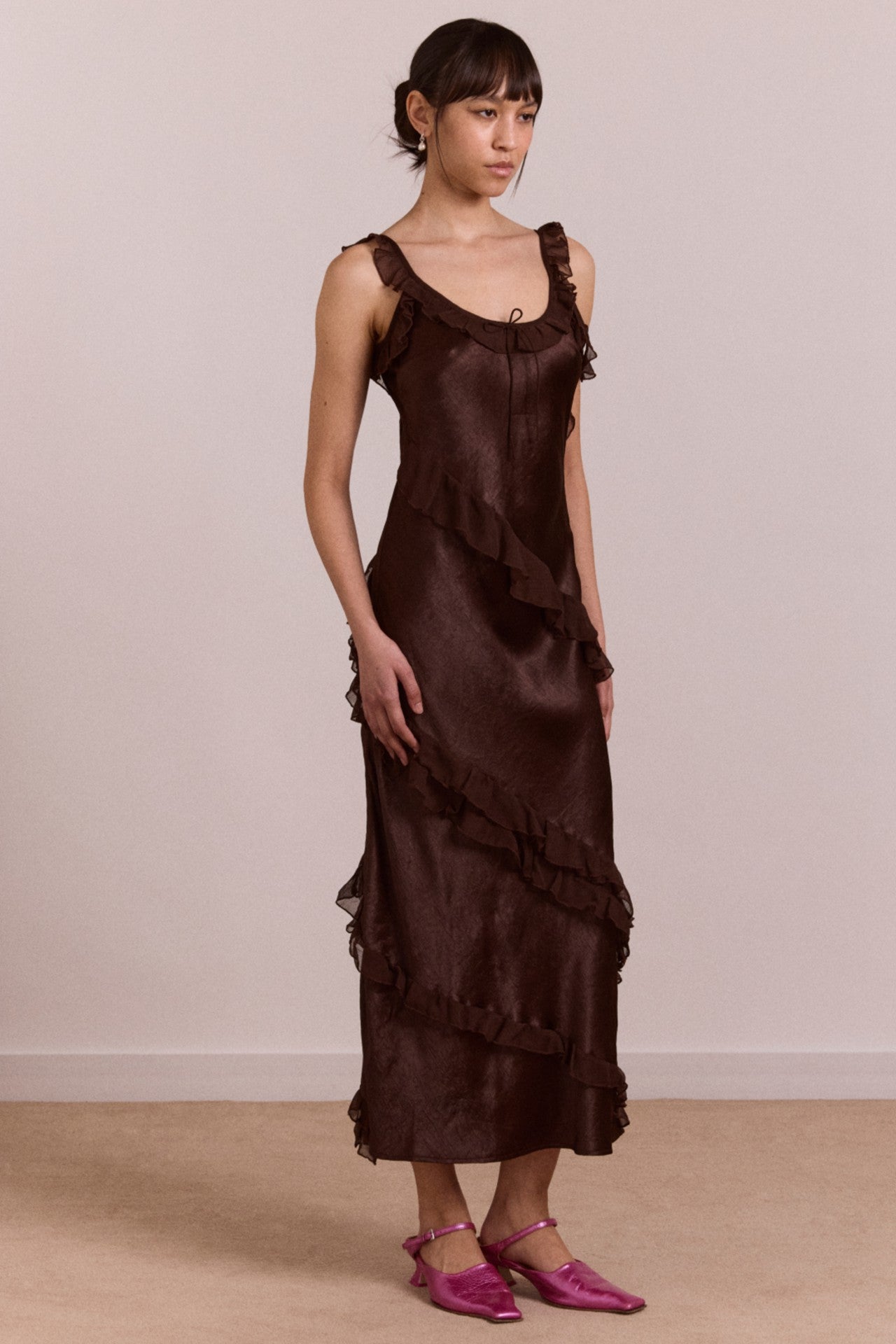 carmen midi ruffle dress with sheer top - choc