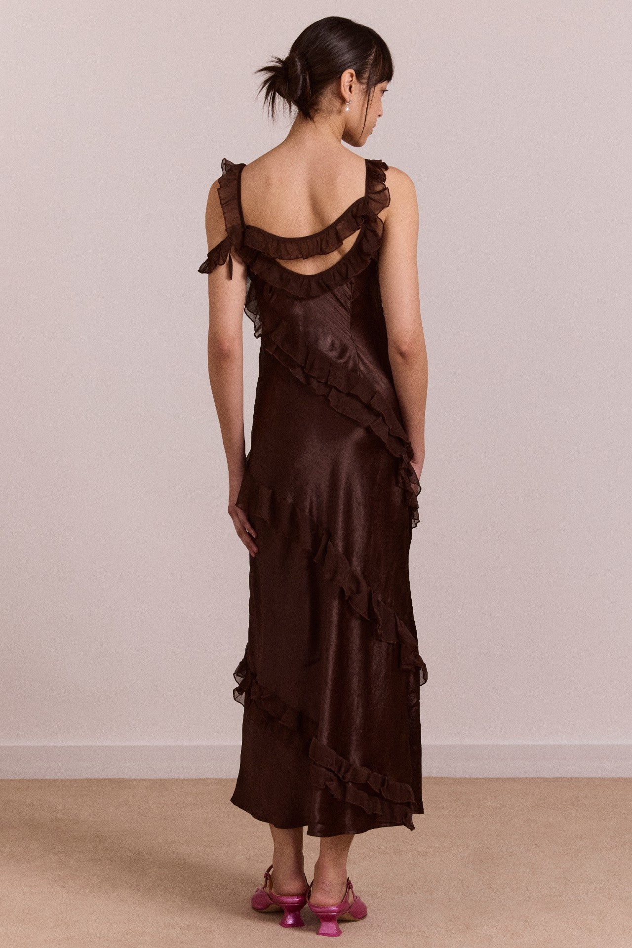 carmen midi ruffle dress with sheer top - choc
