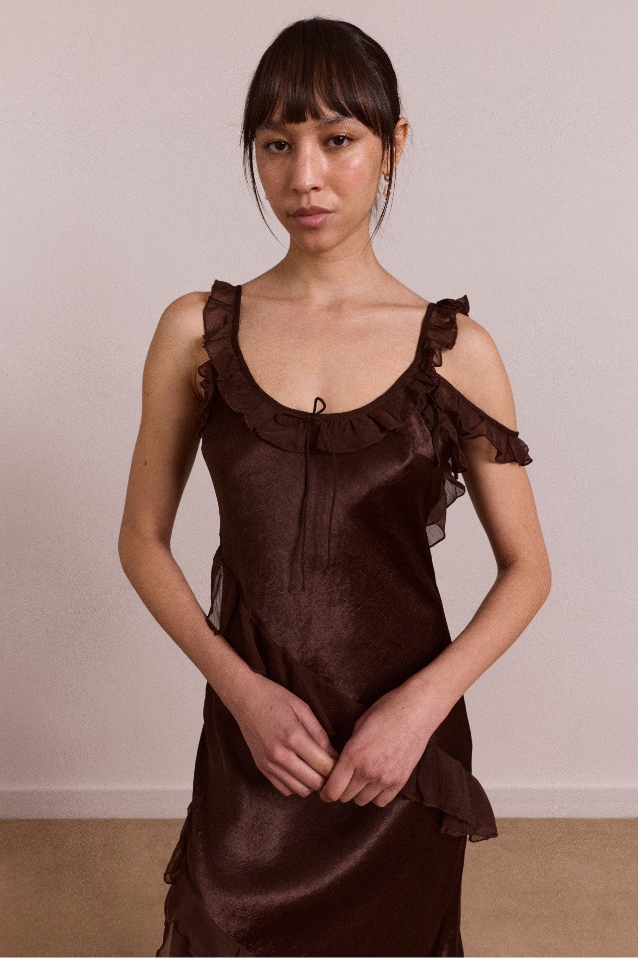 carmen midi ruffle dress with sheer top - choc