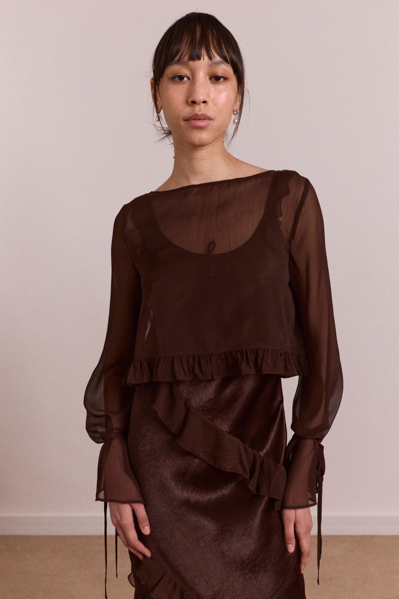 carmen midi ruffle dress with sheer top - choc
