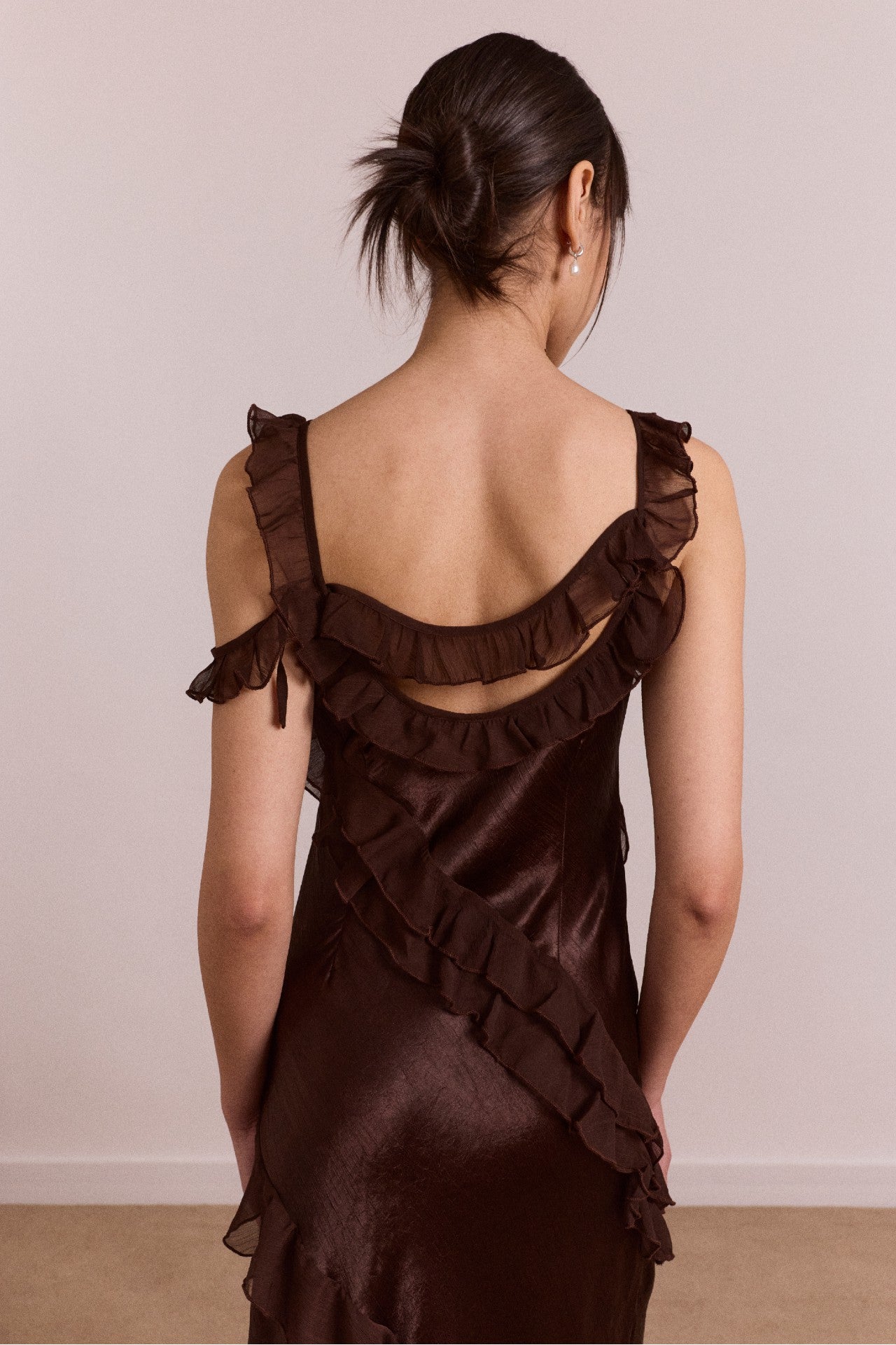 carmen midi ruffle dress with sheer top - choc