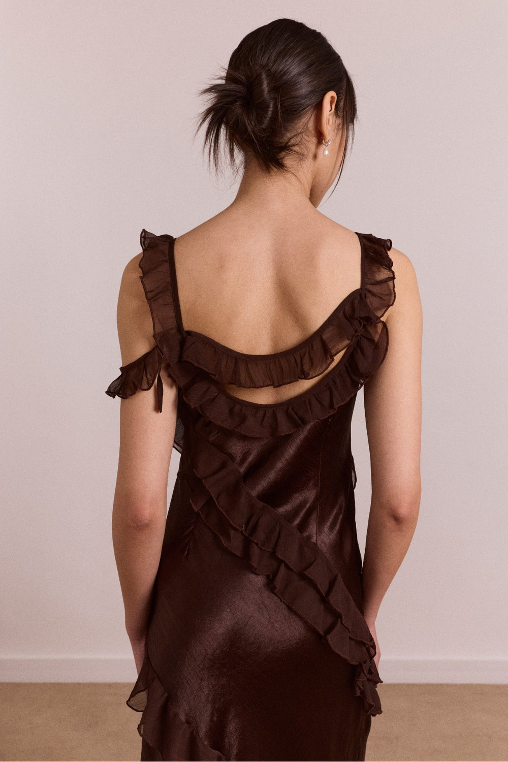 carmen midi ruffle dress with sheer top - choc