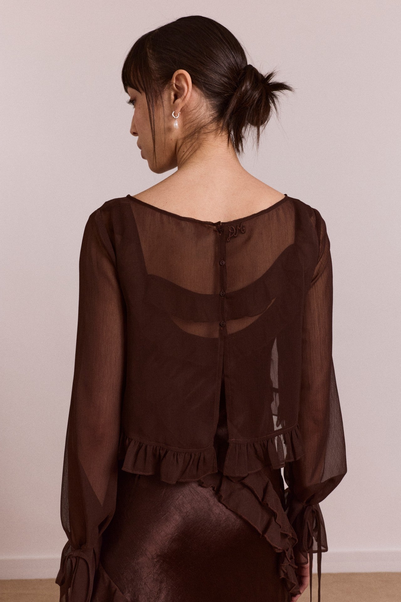 carmen midi ruffle dress with sheer top - choc