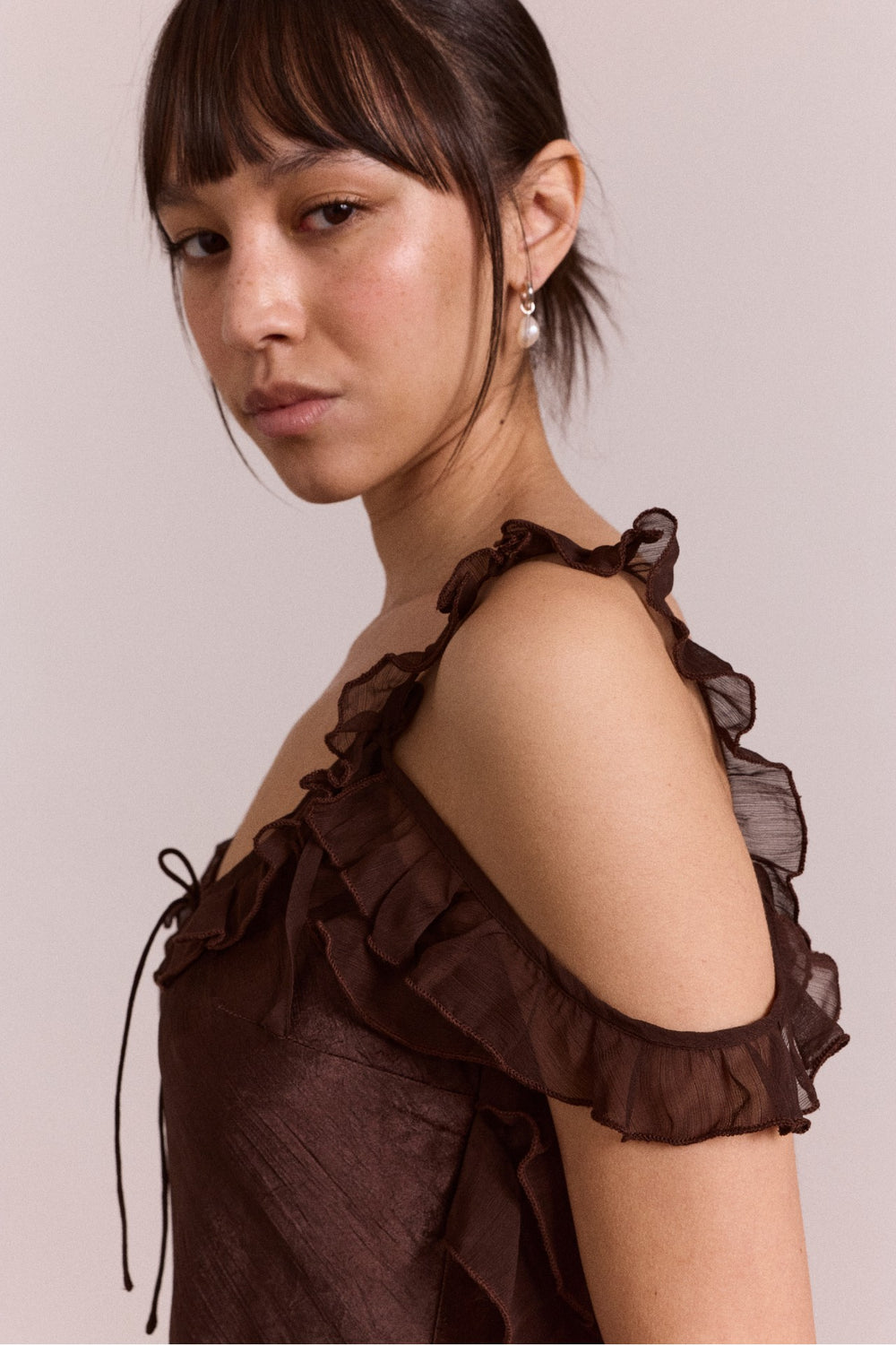 carmen midi ruffle dress with sheer top - choc