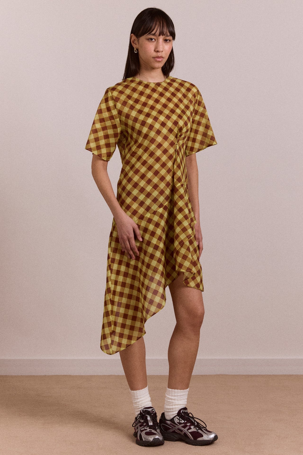 harmony sheer midi dress - choc avo gingham
