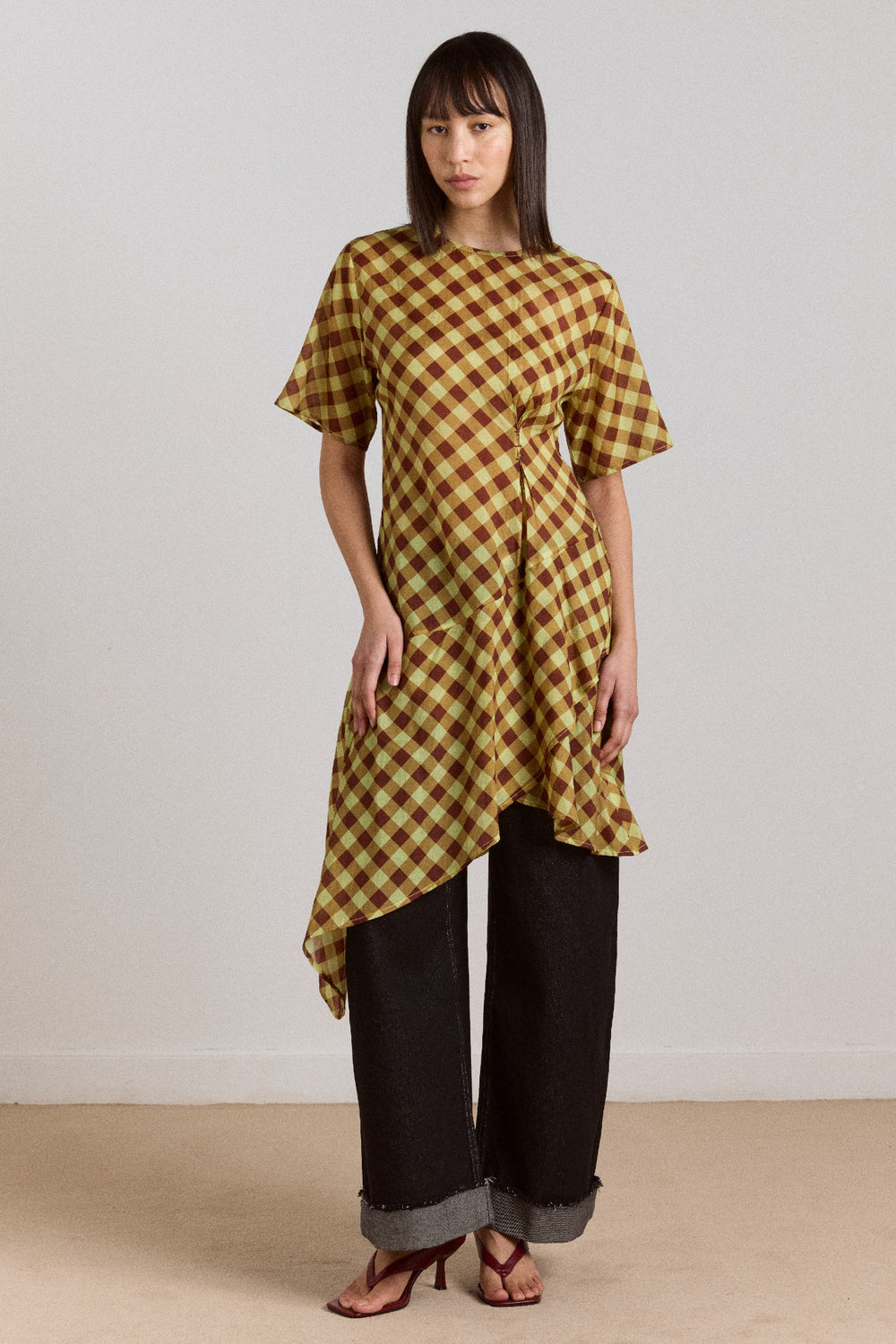 harmony sheer midi dress - choc avo gingham