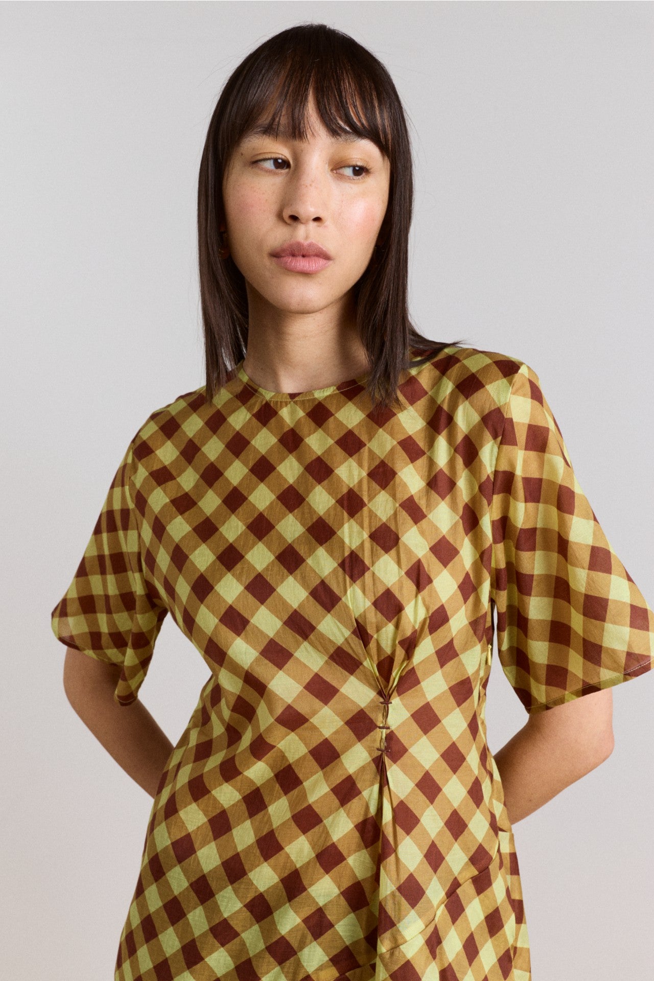 harmony sheer midi dress - choc avo gingham