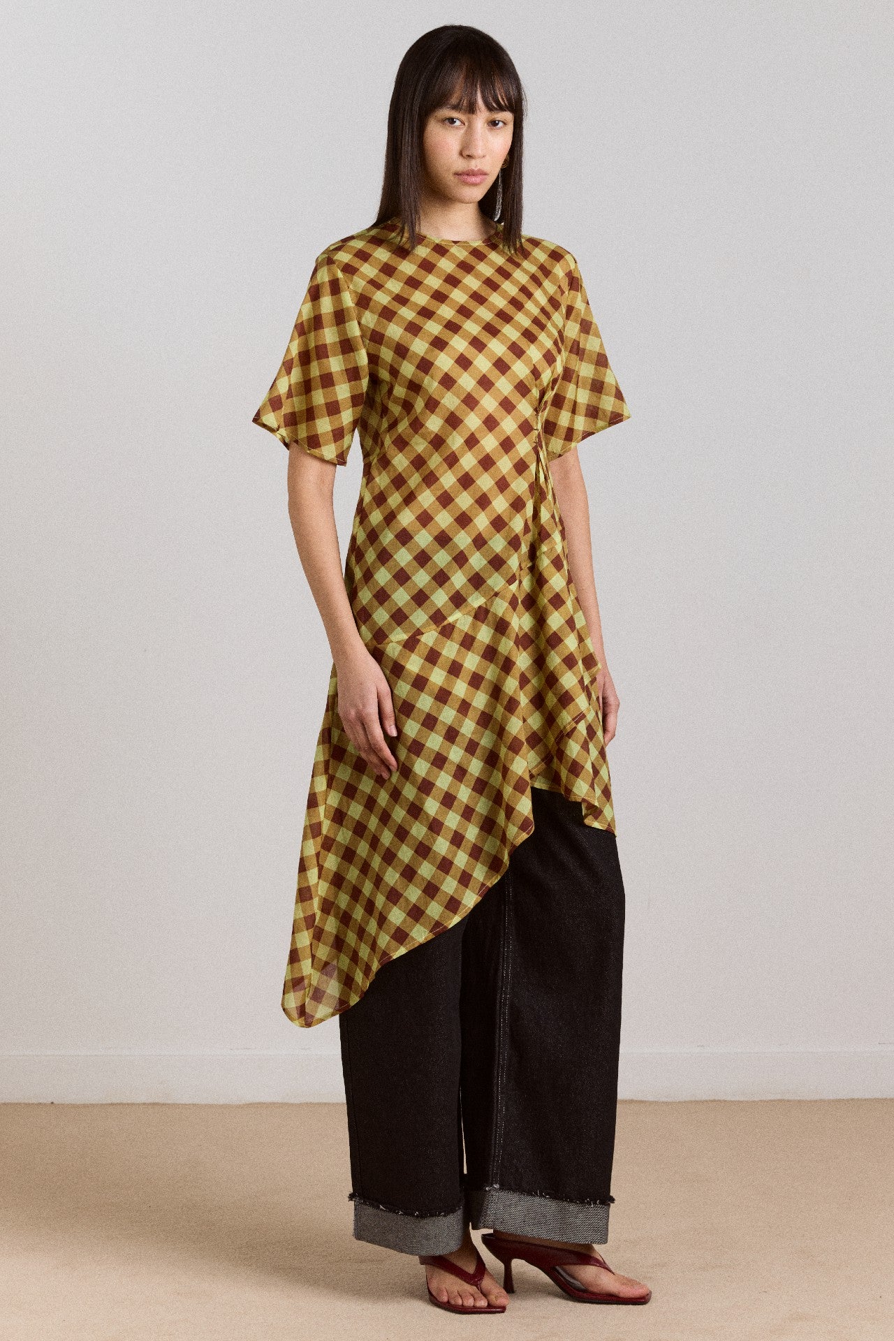 harmony sheer midi dress - choc avo gingham