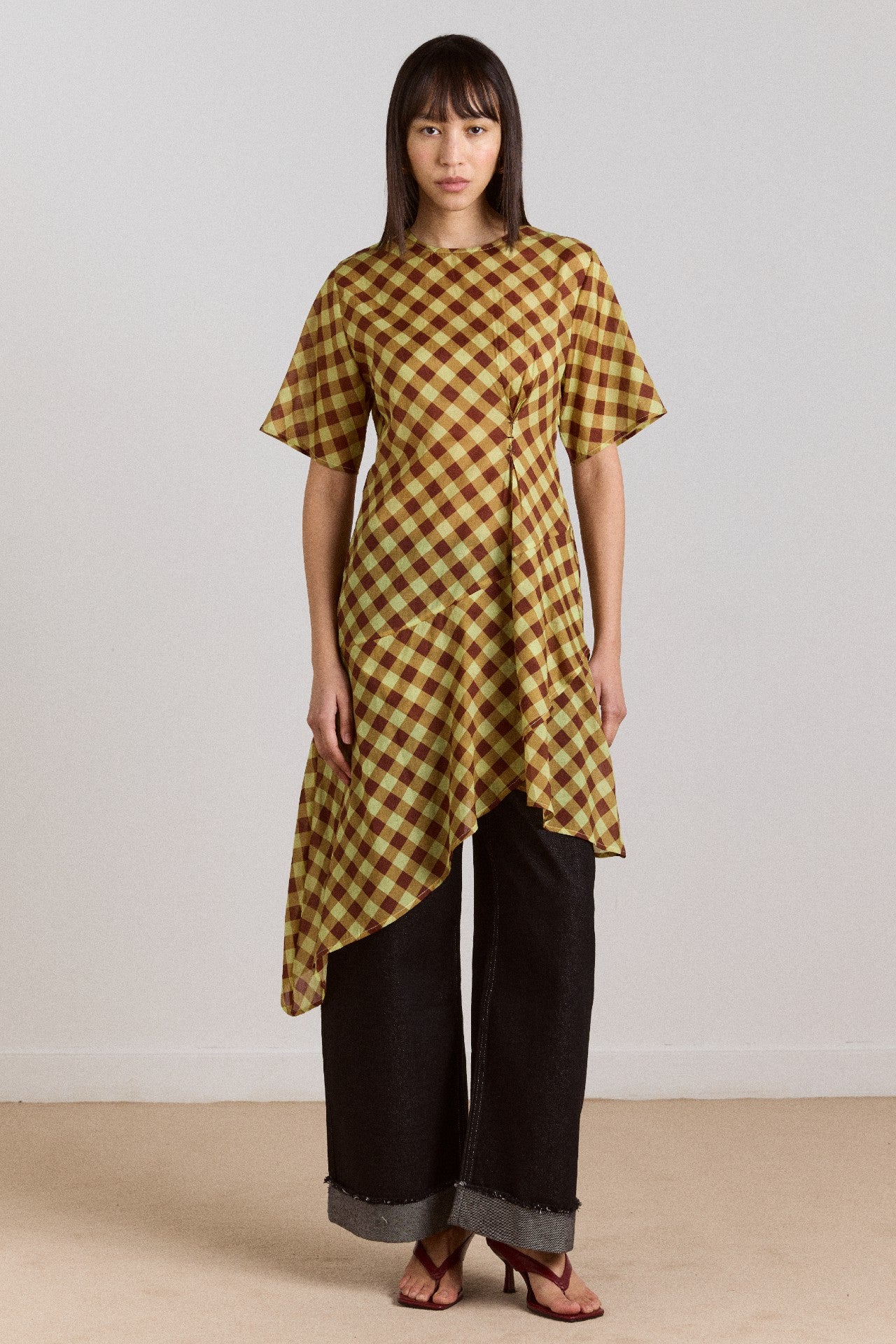 harmony sheer midi dress - choc avo gingham