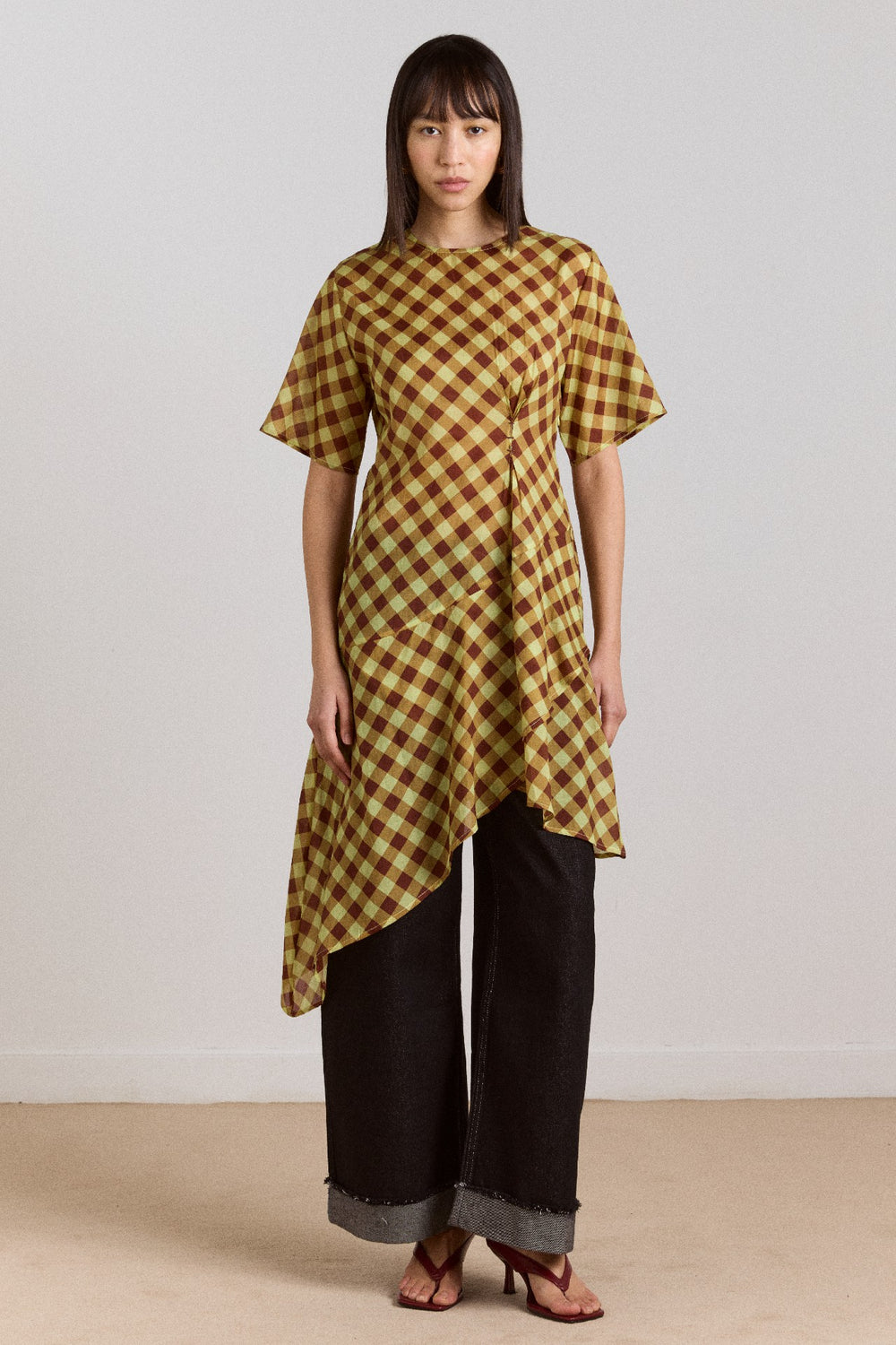harmony sheer midi dress - choc avo gingham
