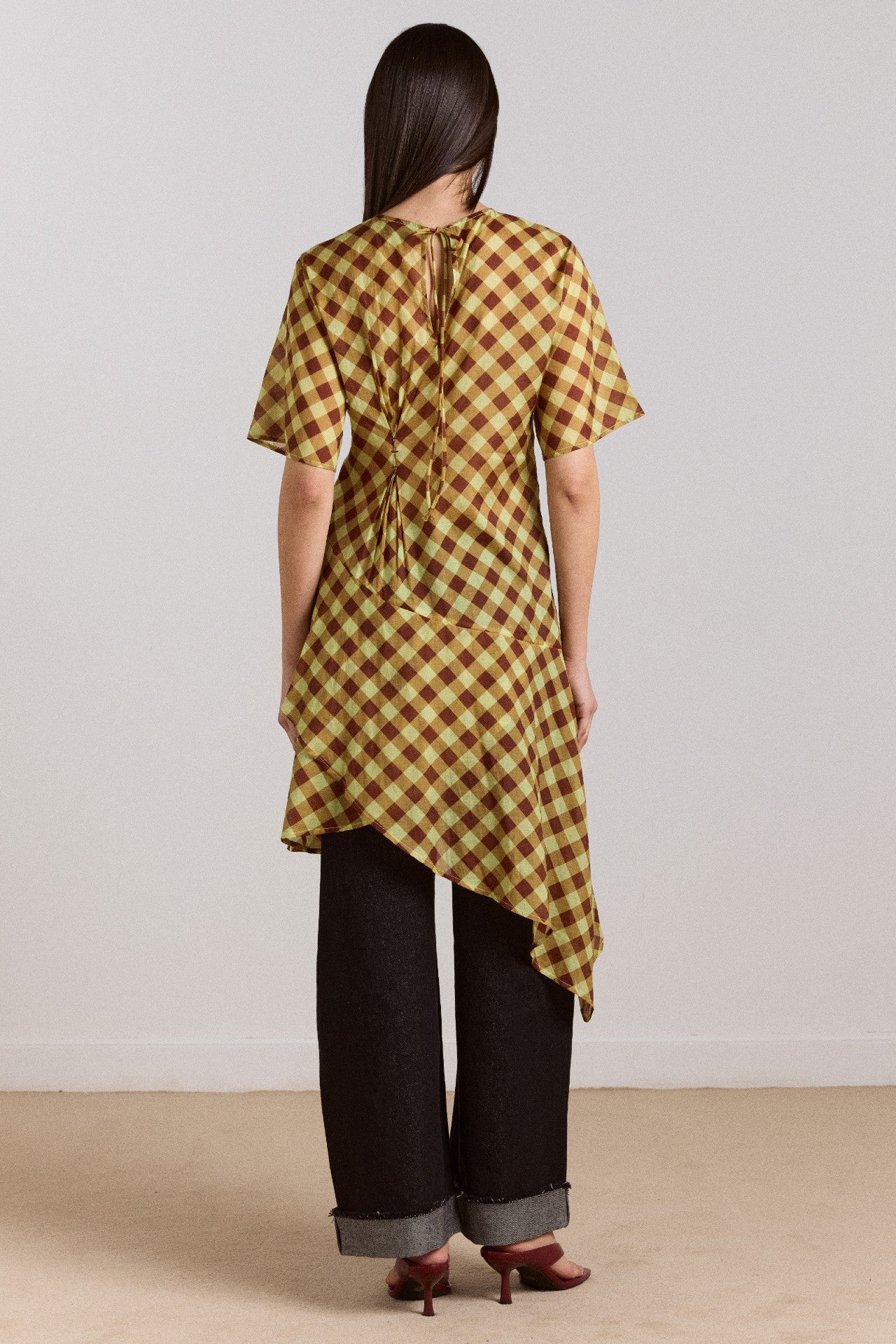 harmony sheer midi dress - choc avo gingham