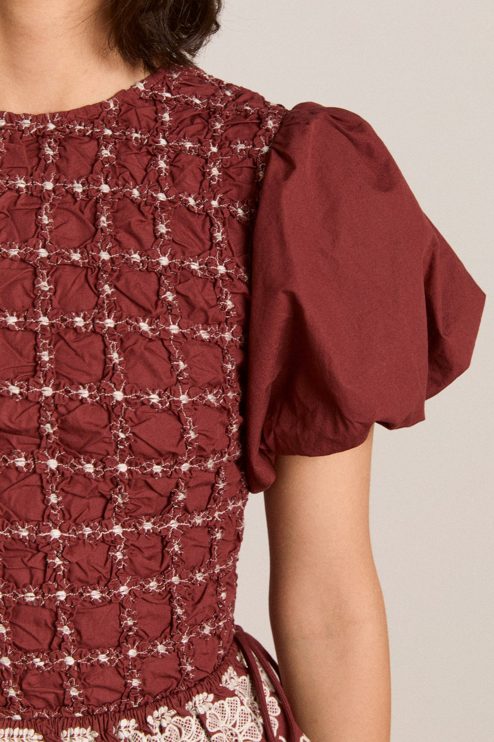 audrey midi dress - burg/butter stitching