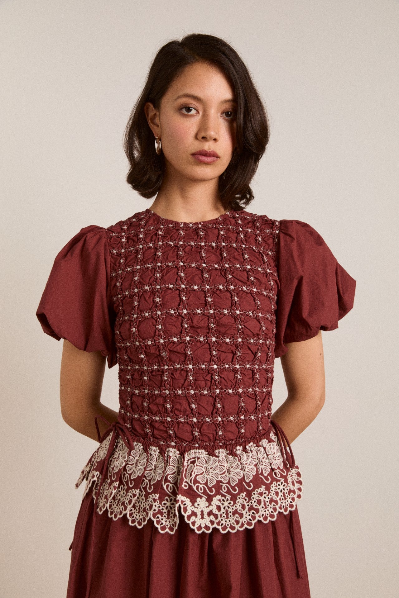 audrey midi dress - burg/butter stitching