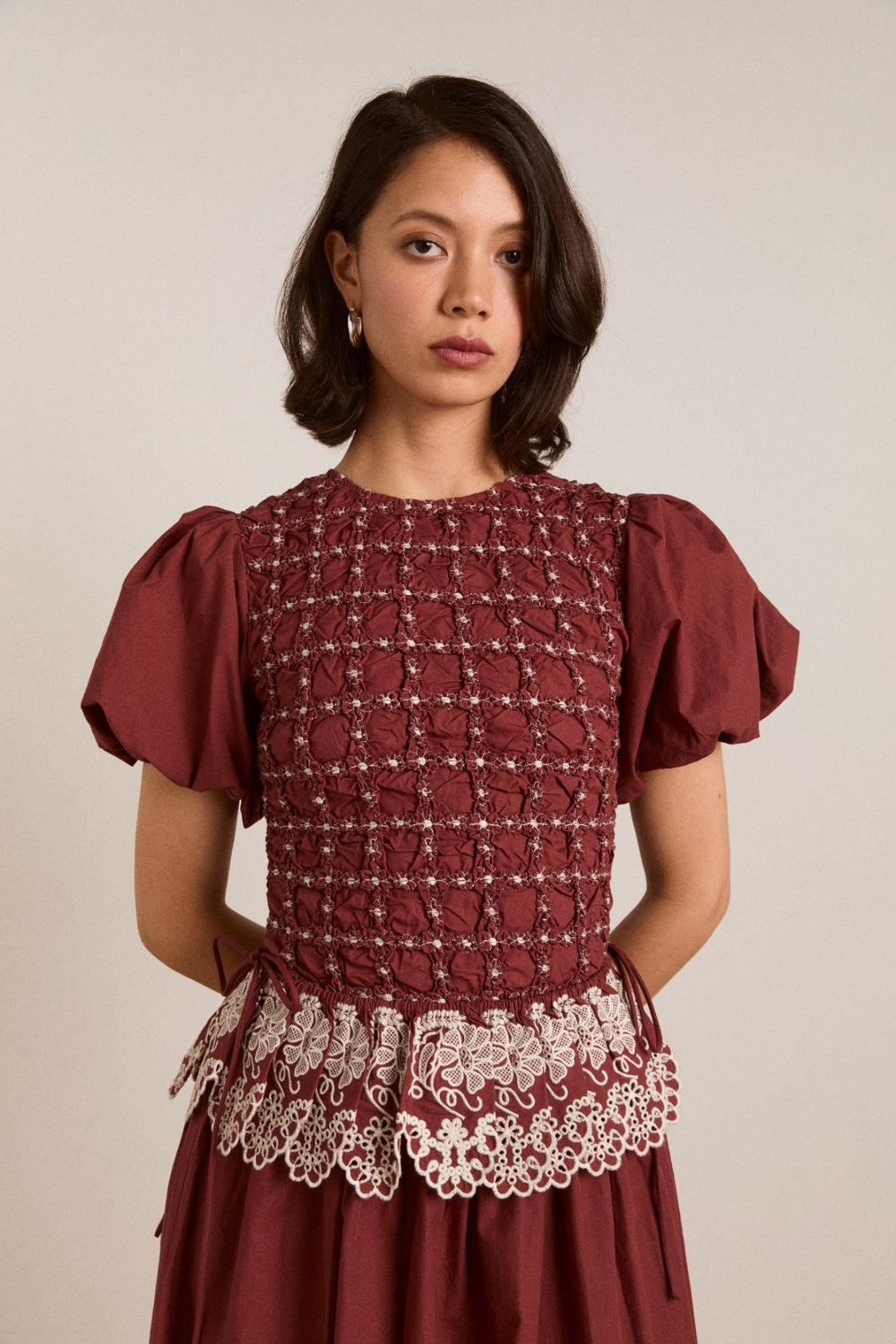 audrey midi dress - burg/butter stitching