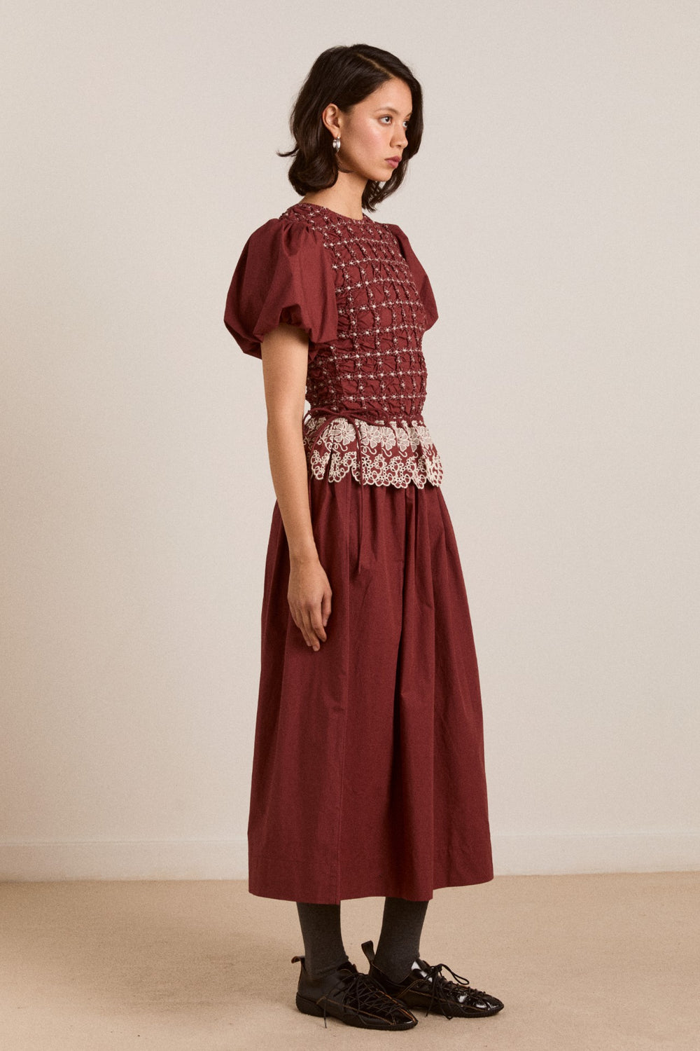 audrey midi dress - burg/butter stitching
