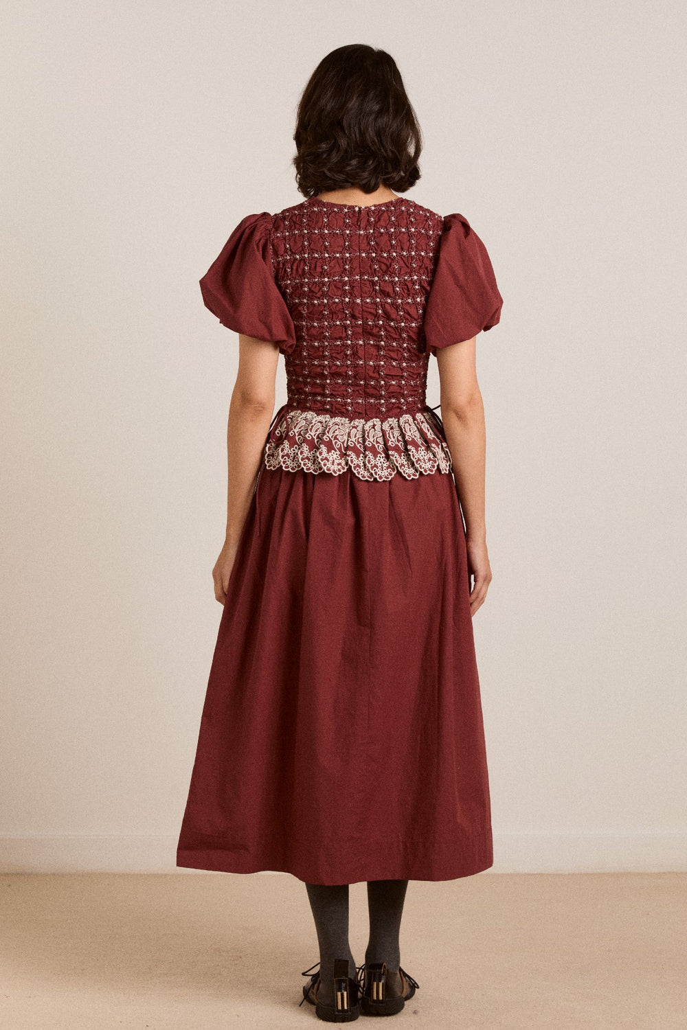 audrey midi dress - burg/butter stitching