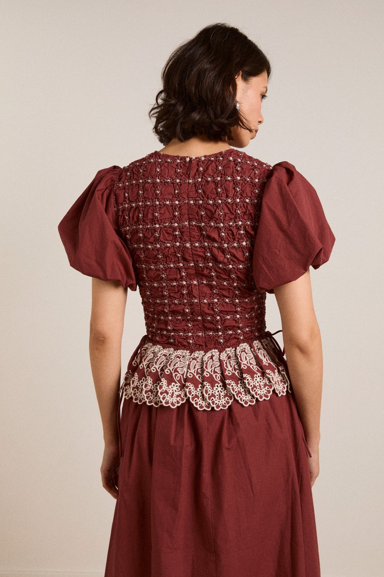 audrey midi dress - burg/butter stitching