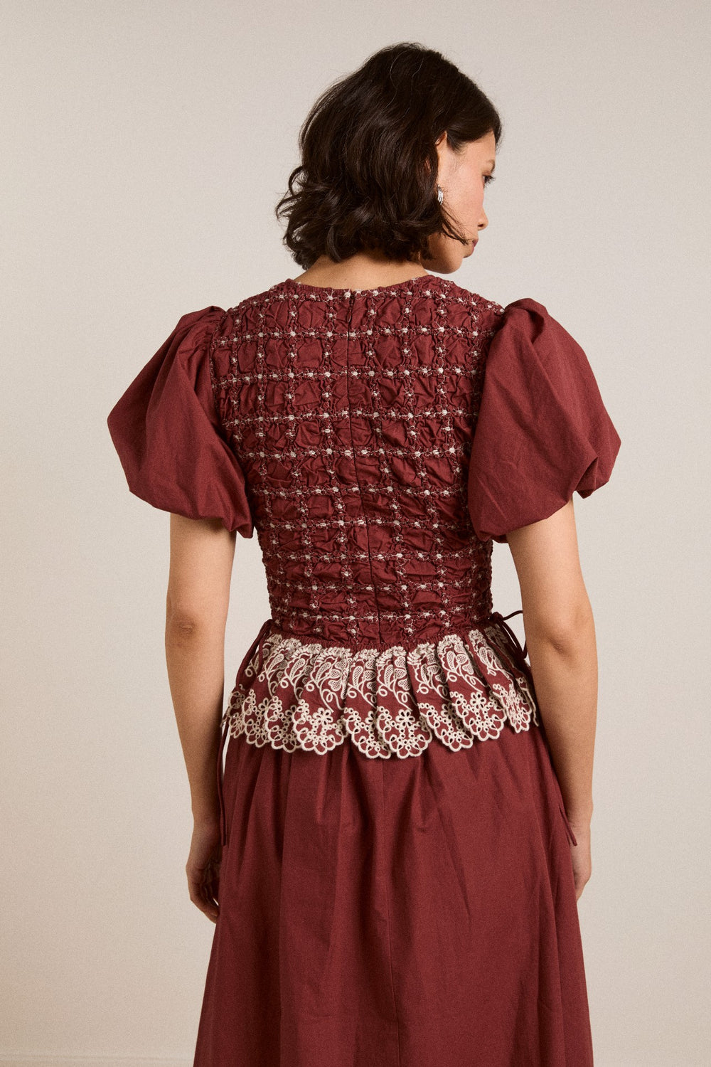audrey midi dress - burg/butter stitching