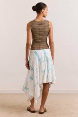 corinne hanky hem midi skirt - white/blue embroidery