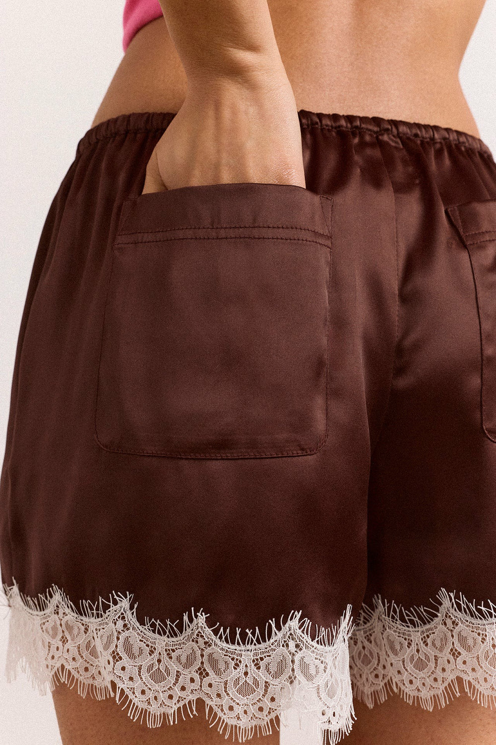 charis satin lace shorts - choc