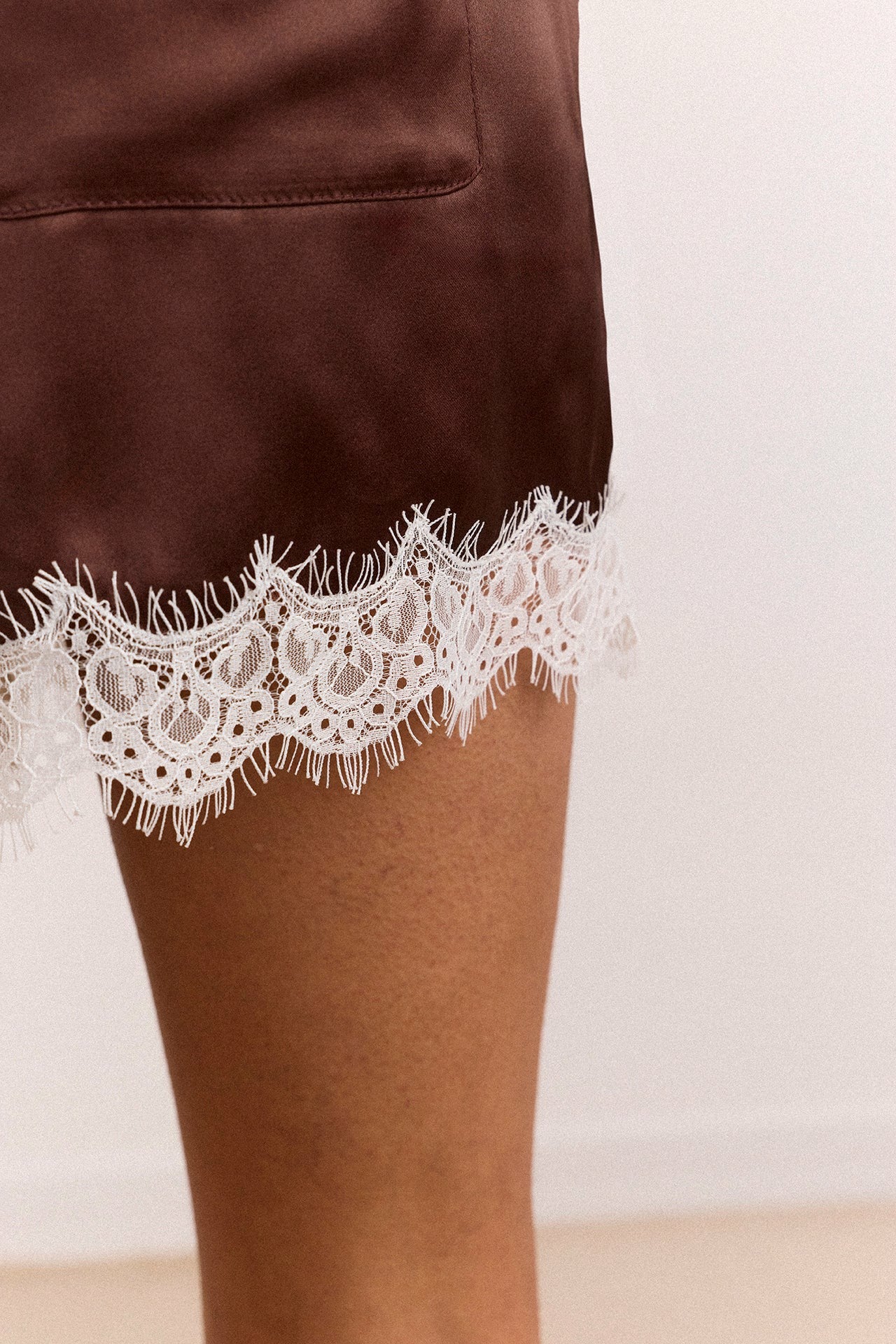 charis satin lace shorts - choc