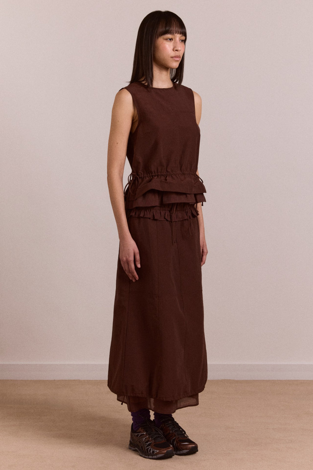 amber double layer midi skirt - choc