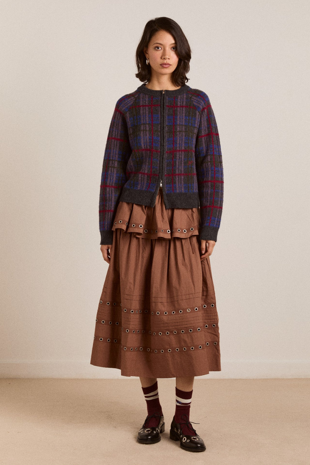 anika eyelet skirt with ruffle belt- tan