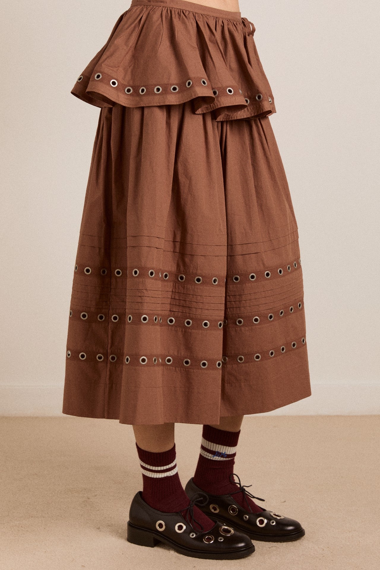 anika eyelet skirt with ruffle belt- tan