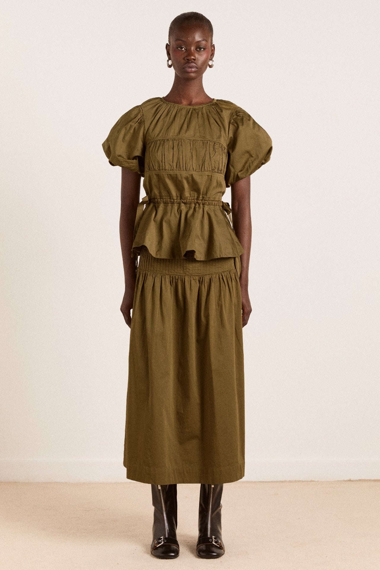 josie midi skirt - olive cotton satin