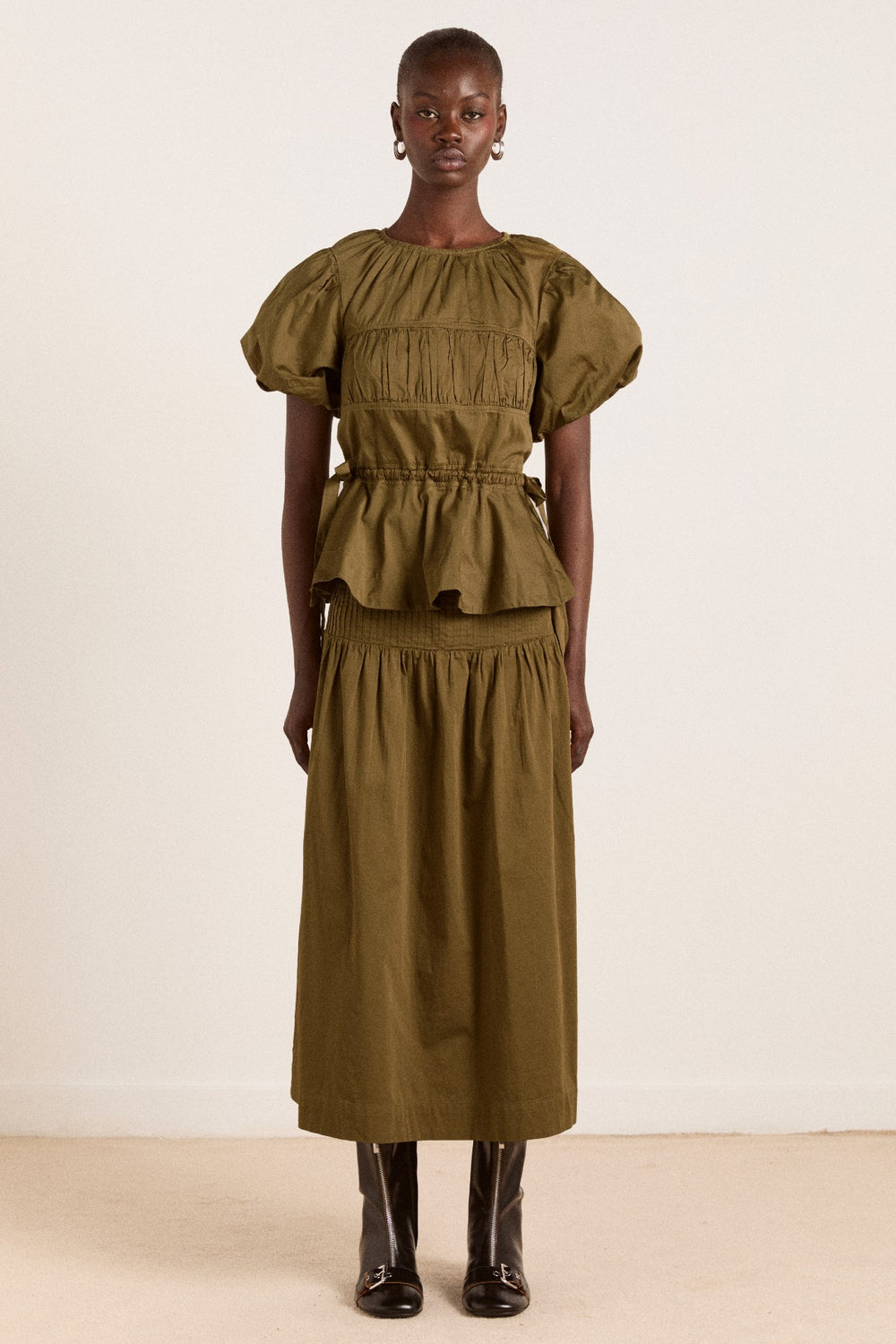 josie midi skirt - olive cotton satin