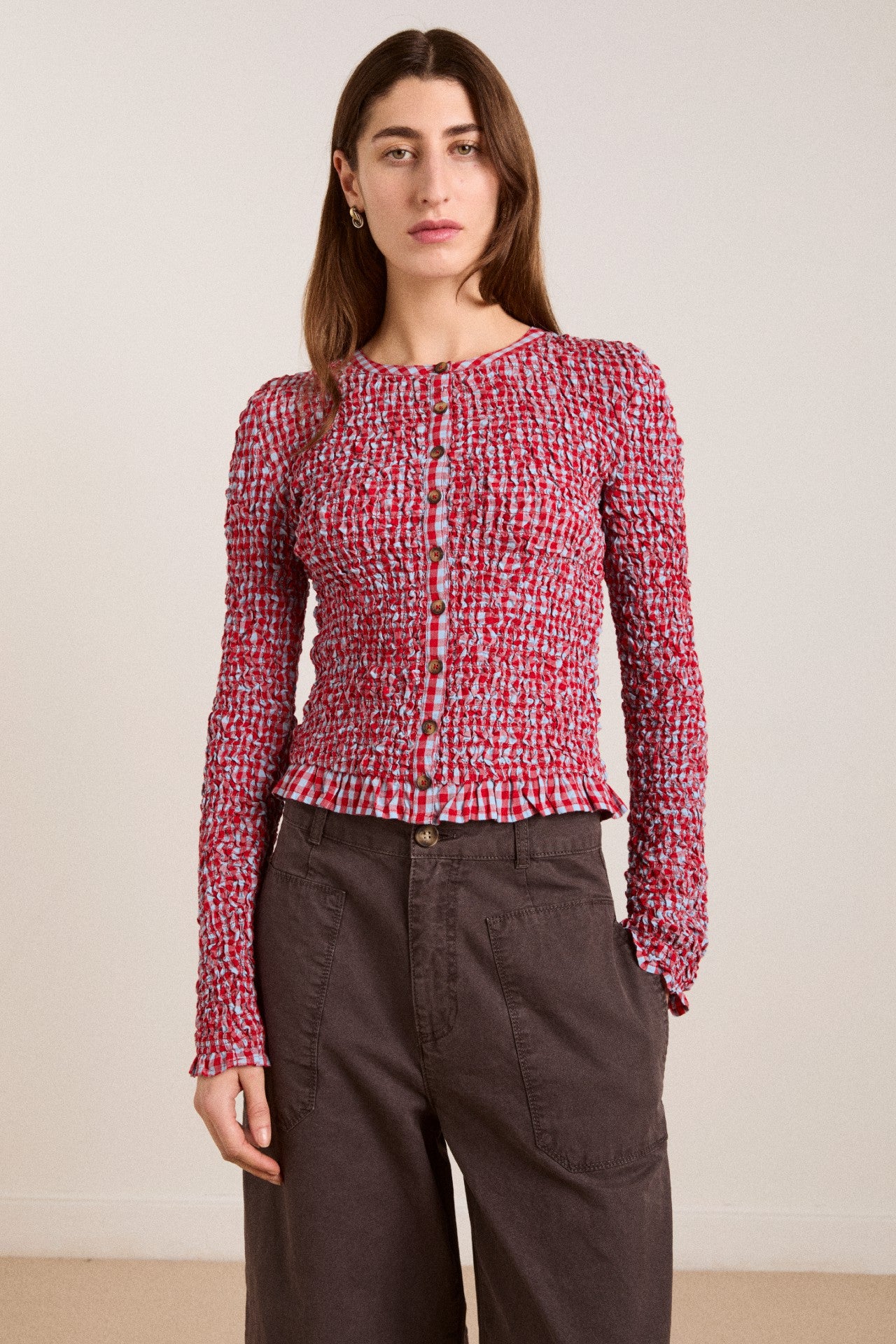 elliana smocked cardi - blue & red gingham