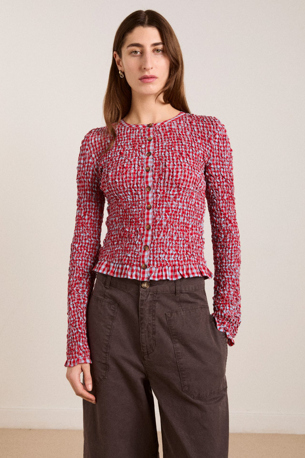 elliana smocked cardi - blue & red gingham