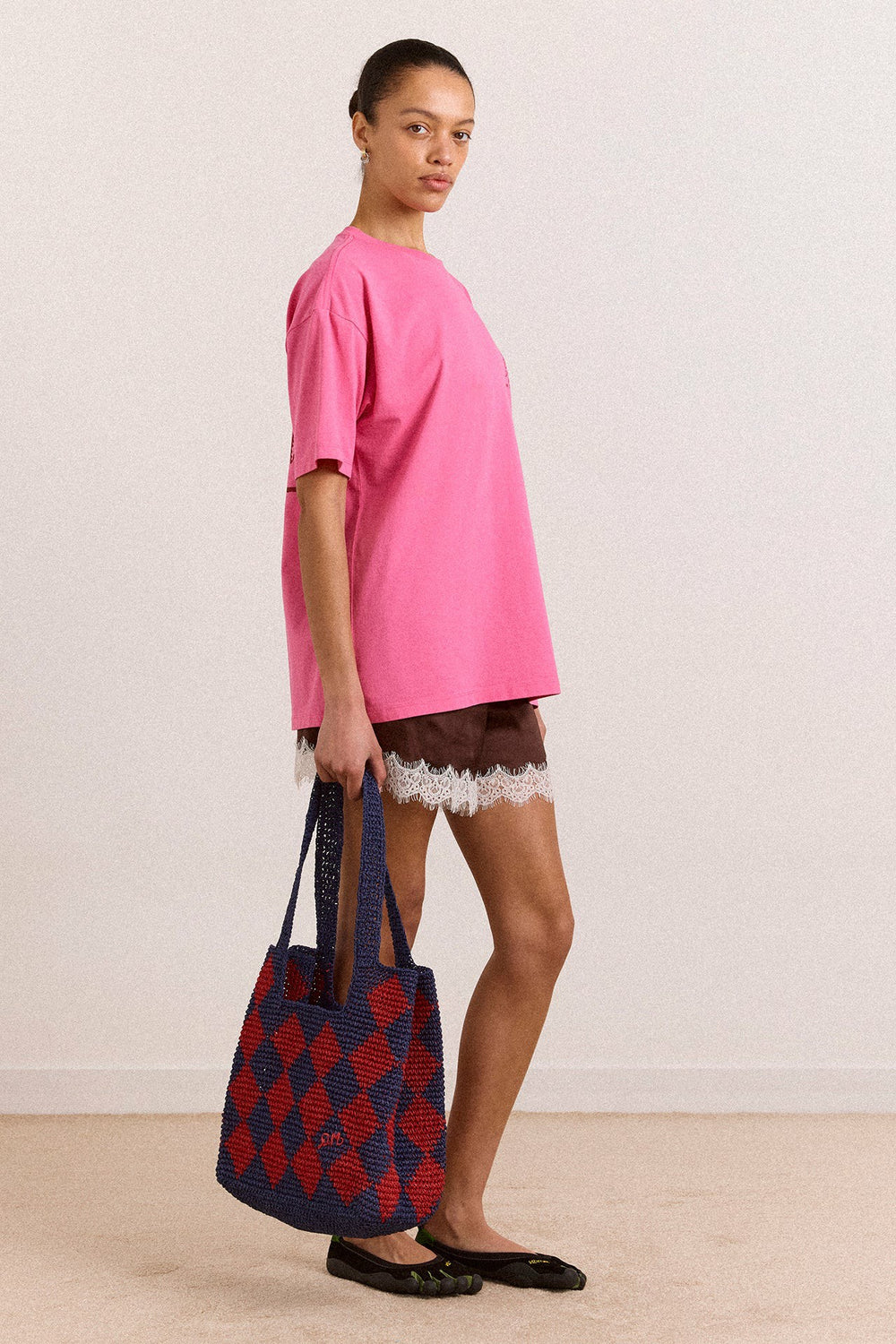 harlequinn raffia tote bag - navy & red