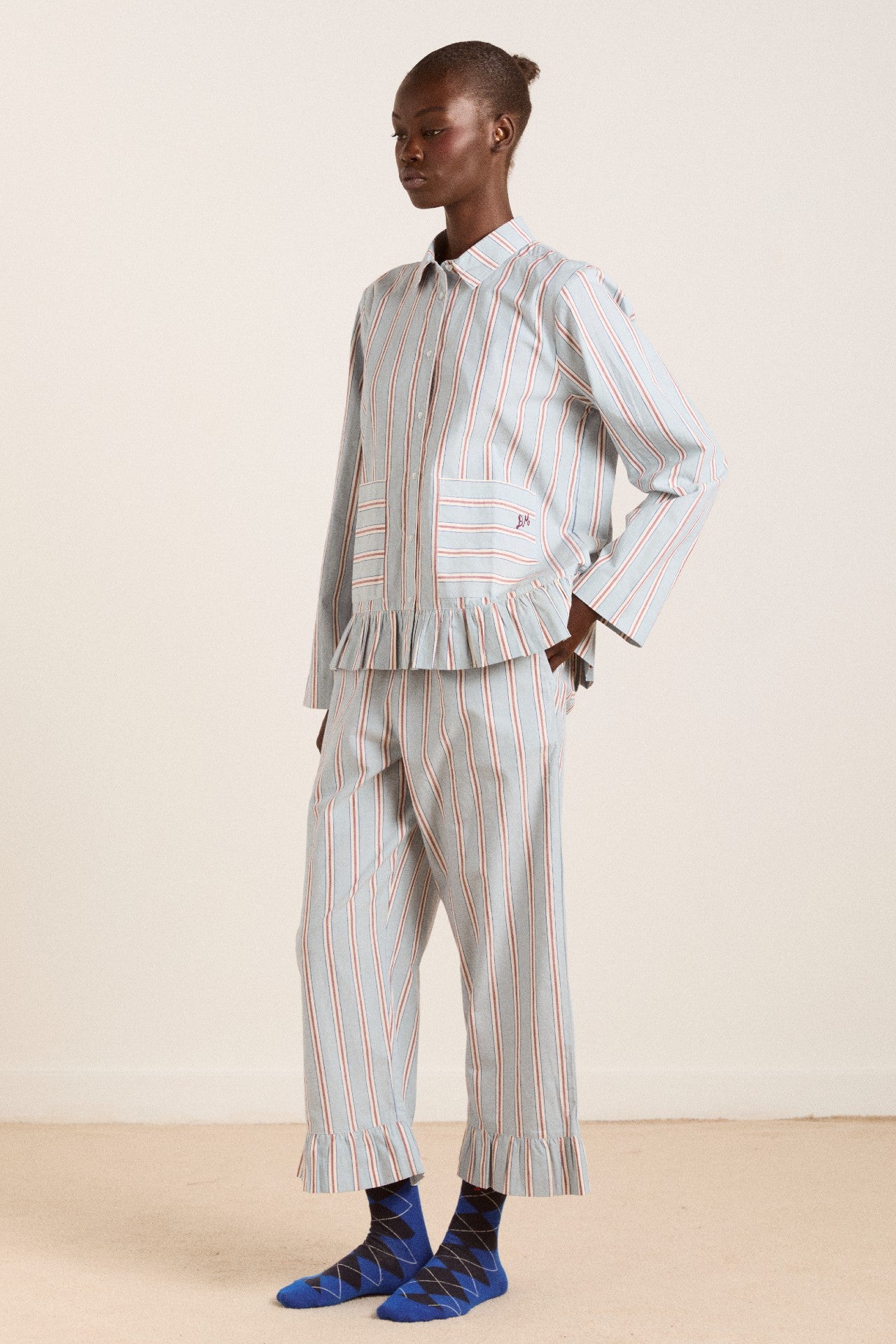frill florie pj set - blue/burg stripe