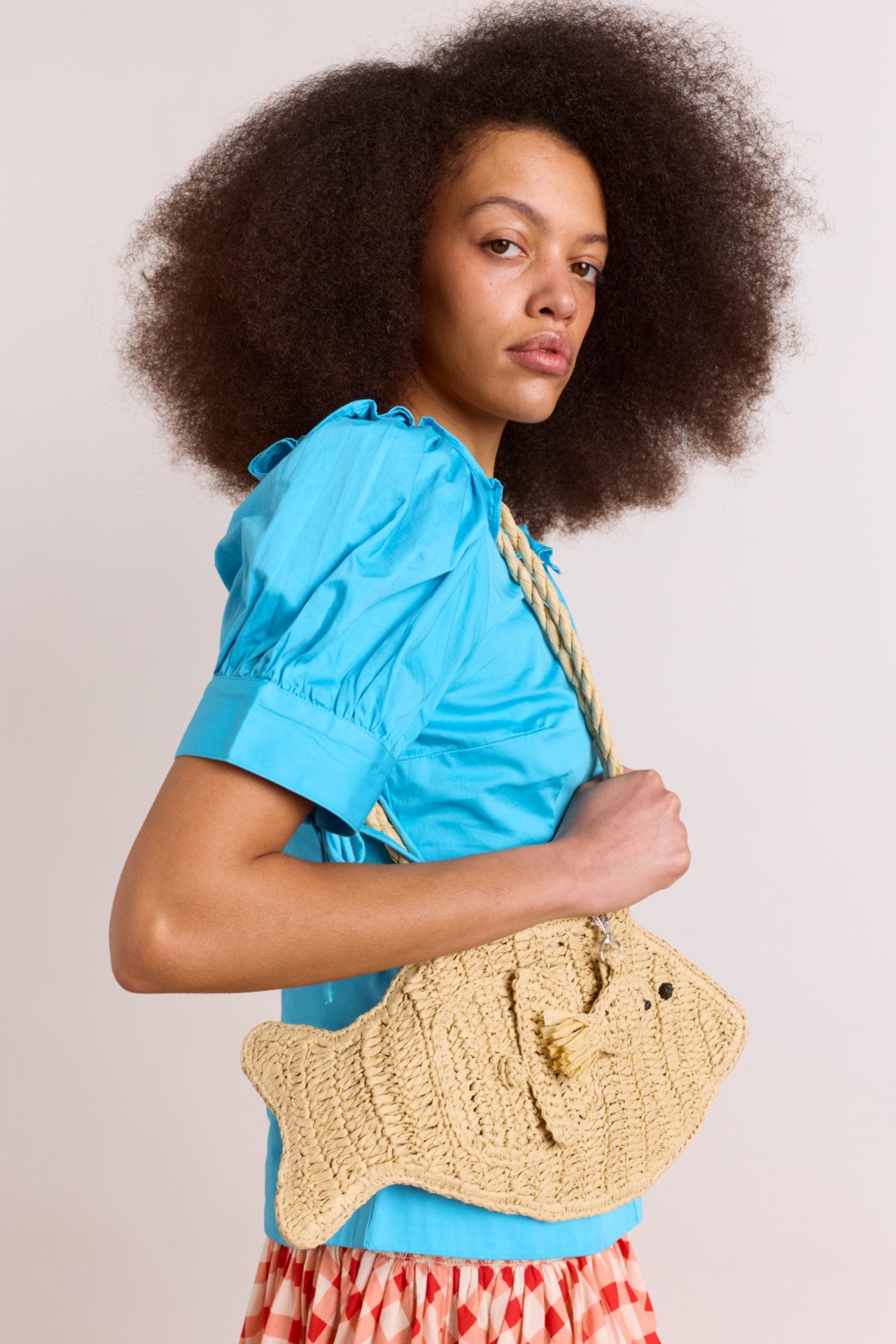 raffia fish bag with bag charm - natural