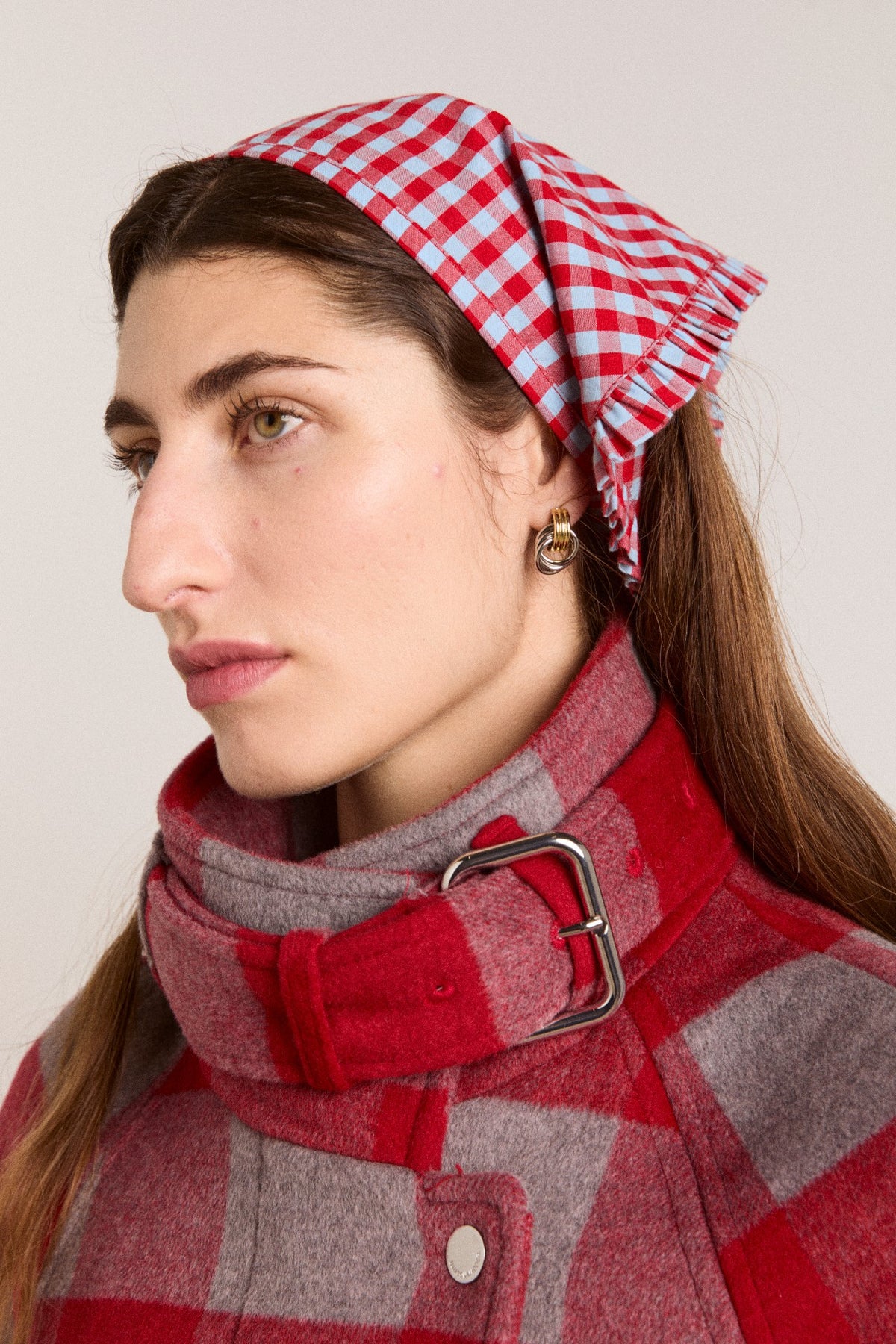tie headscarf - red/blue gingham