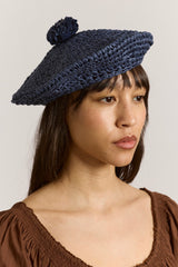 raffia pom pom beret - navy