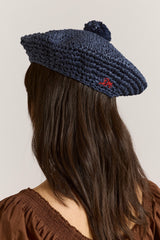 raffia pom pom beret - navy
