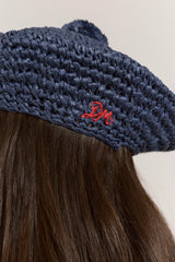 raffia pom pom beret - navy