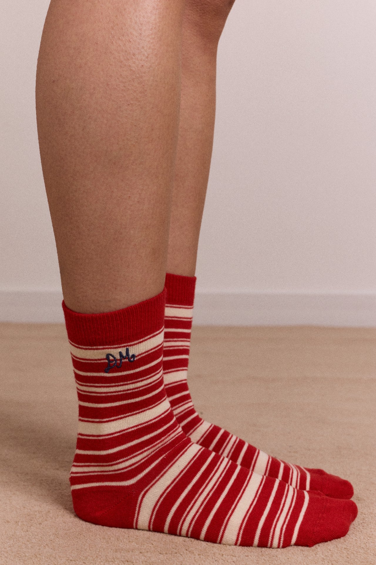 calf length socks - cream & red stripe